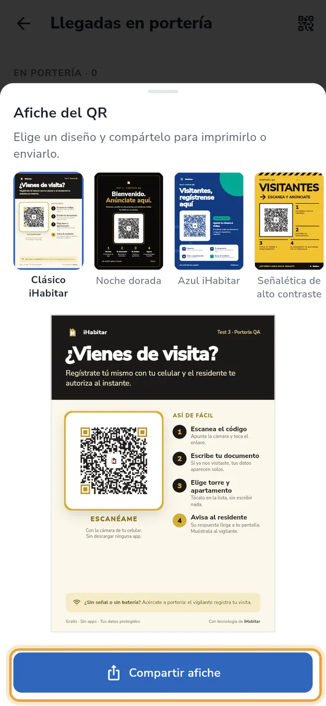 Hoja Afiche del QR: el botón Compartir afiche al final está señalado