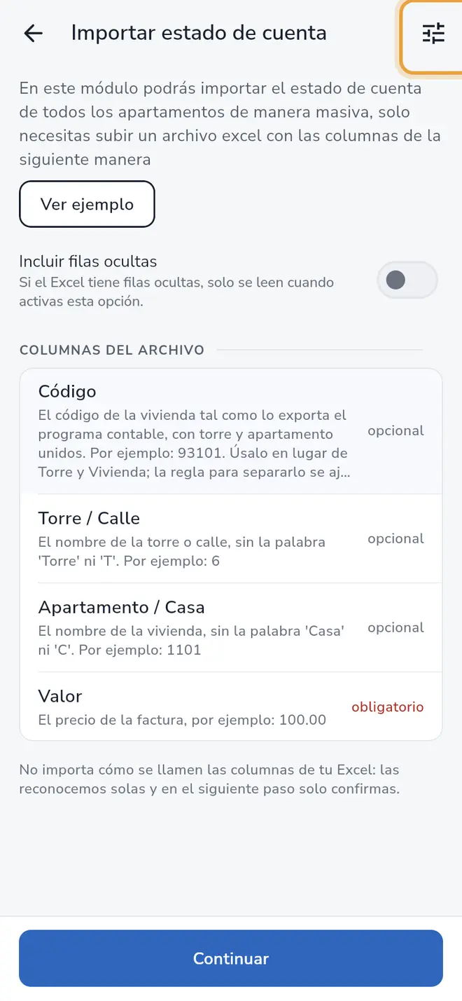 Pantalla Importar estado de cuenta: el ícono Código de vivienda, arriba a la derecha, está señalado