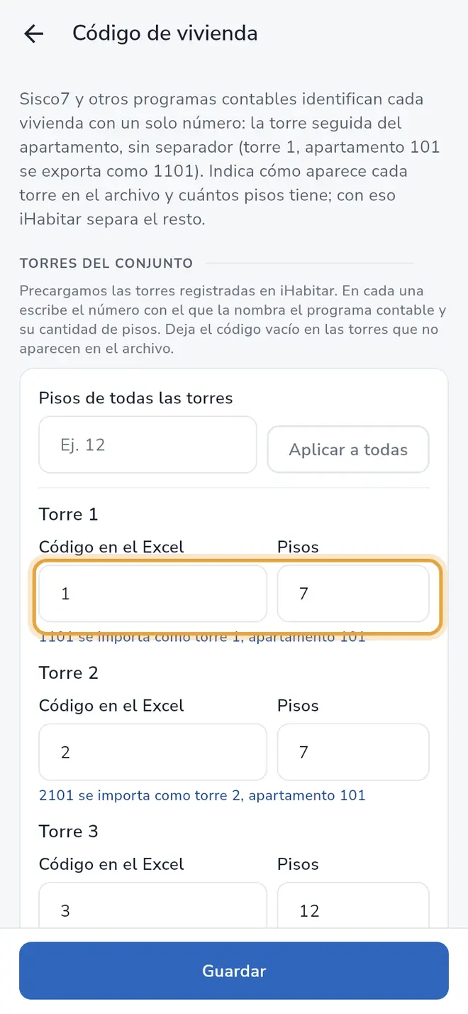 Pantalla Código de vivienda: los campos Código en el Excel y Pisos de una torre están señalados, con su vista previa debajo