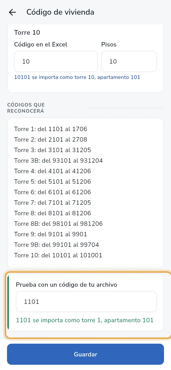 Pantalla Código de vivienda: el campo Prueba con un código de tu archivo está señalado, con el resultado de la lectura