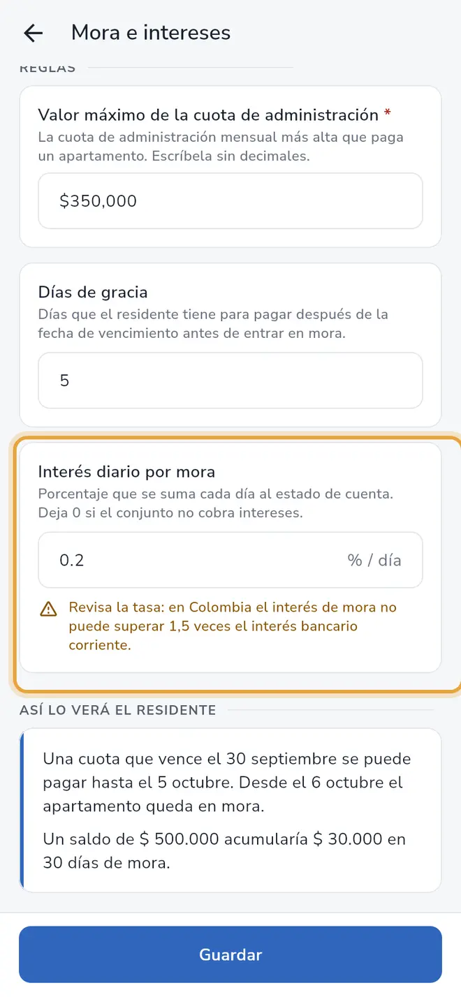 Pantalla Mora e intereses: el campo Interés diario por mora está señalado, y debajo se ve Así lo verá el residente