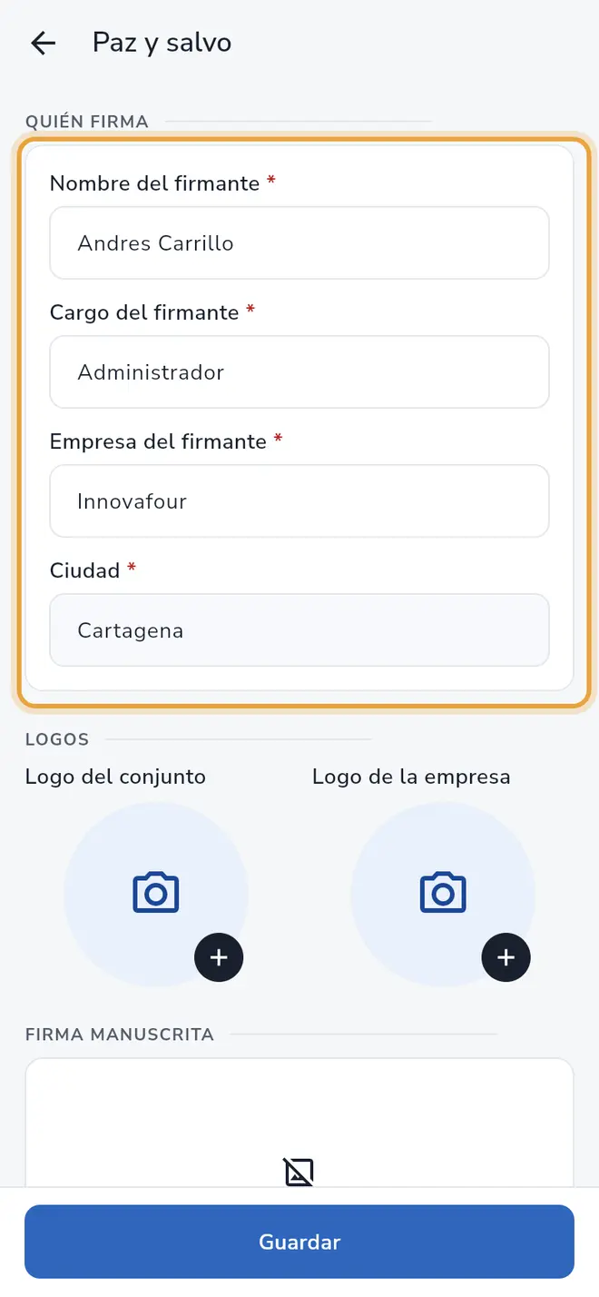 Pantalla Paz y salvo: la sección Quién firma con los cuatro datos escritos está señalada