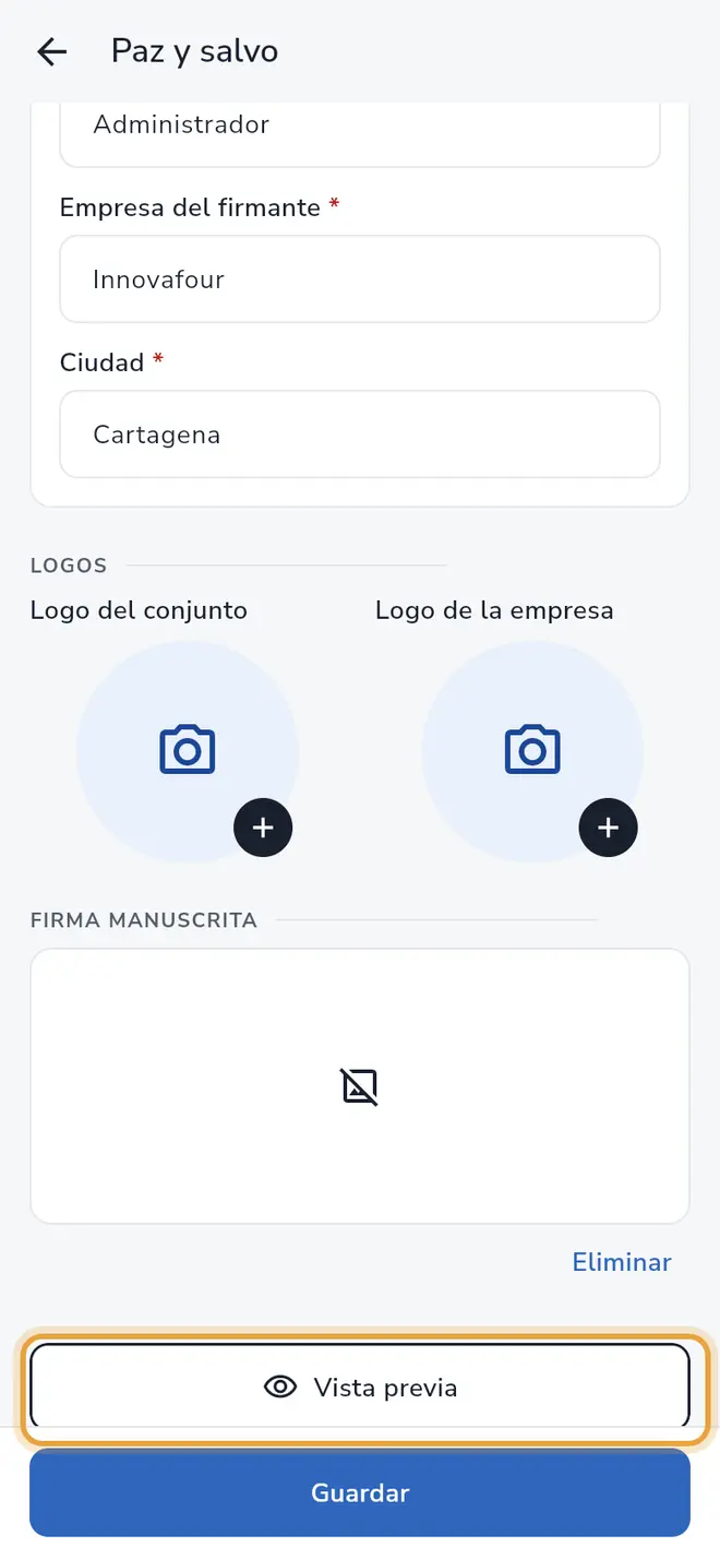 Pantalla Paz y salvo: el botón Vista previa está señalado