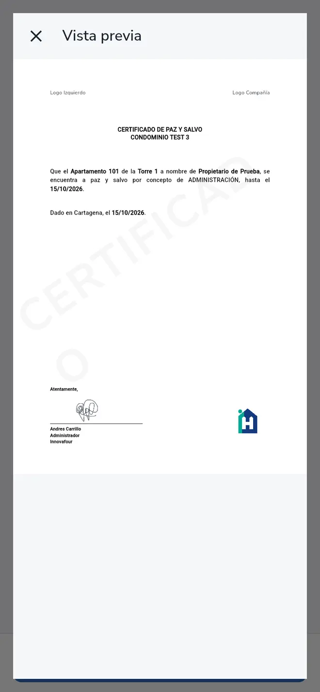 Vista previa del certificado de paz y salvo con datos de ejemplo, logos y firma