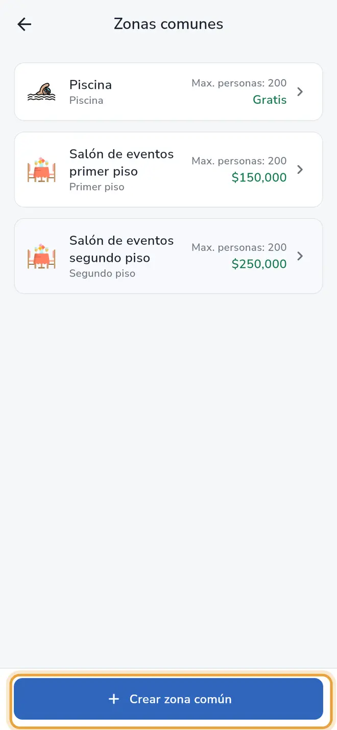 Pantalla Zonas comunes: el botón Crear zona común está señalado