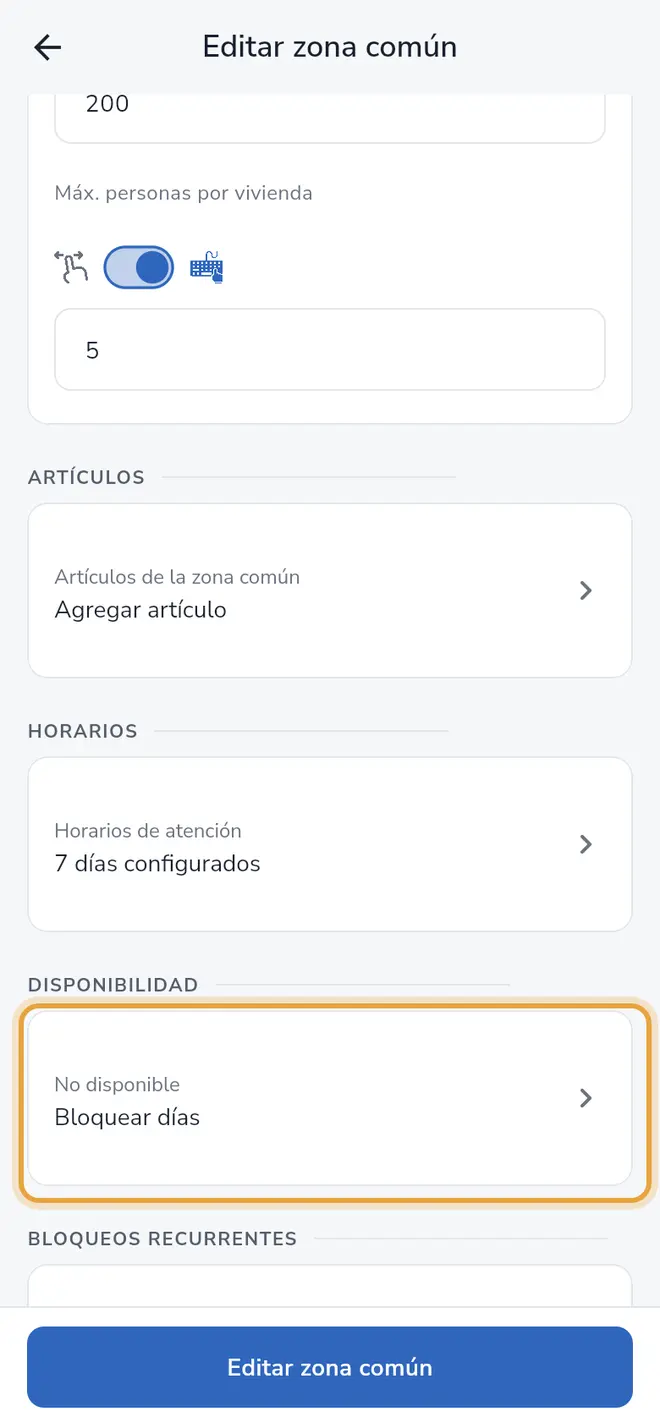 Pantalla Editar zona común: la tarjeta Bloquear días de la sección Disponibilidad está señalada