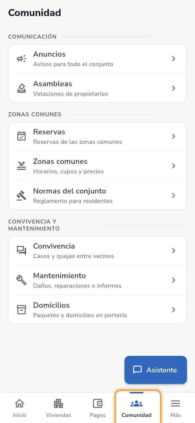 Pantalla de la barra inferior: la pestaña Comunidad está señalada