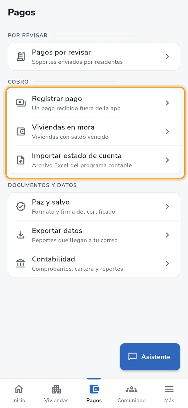 Pestaña Pagos: el grupo Cobro con sus tres filas está señalado
