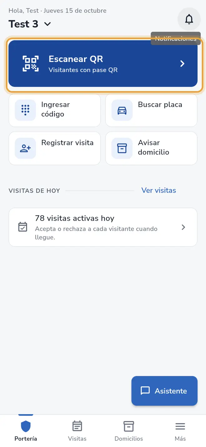 Pantalla Portería: el botón Escanear QR está señalado