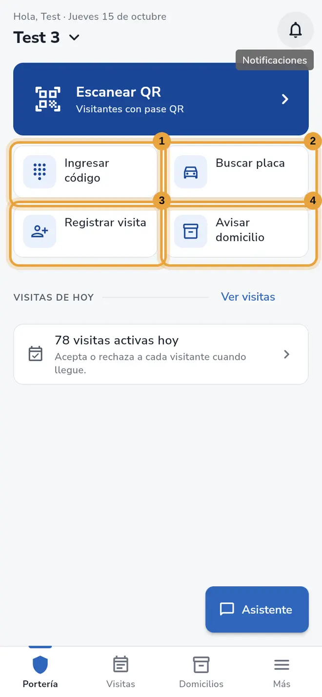Pantalla Portería: los cuatro botones rápidos están señalados