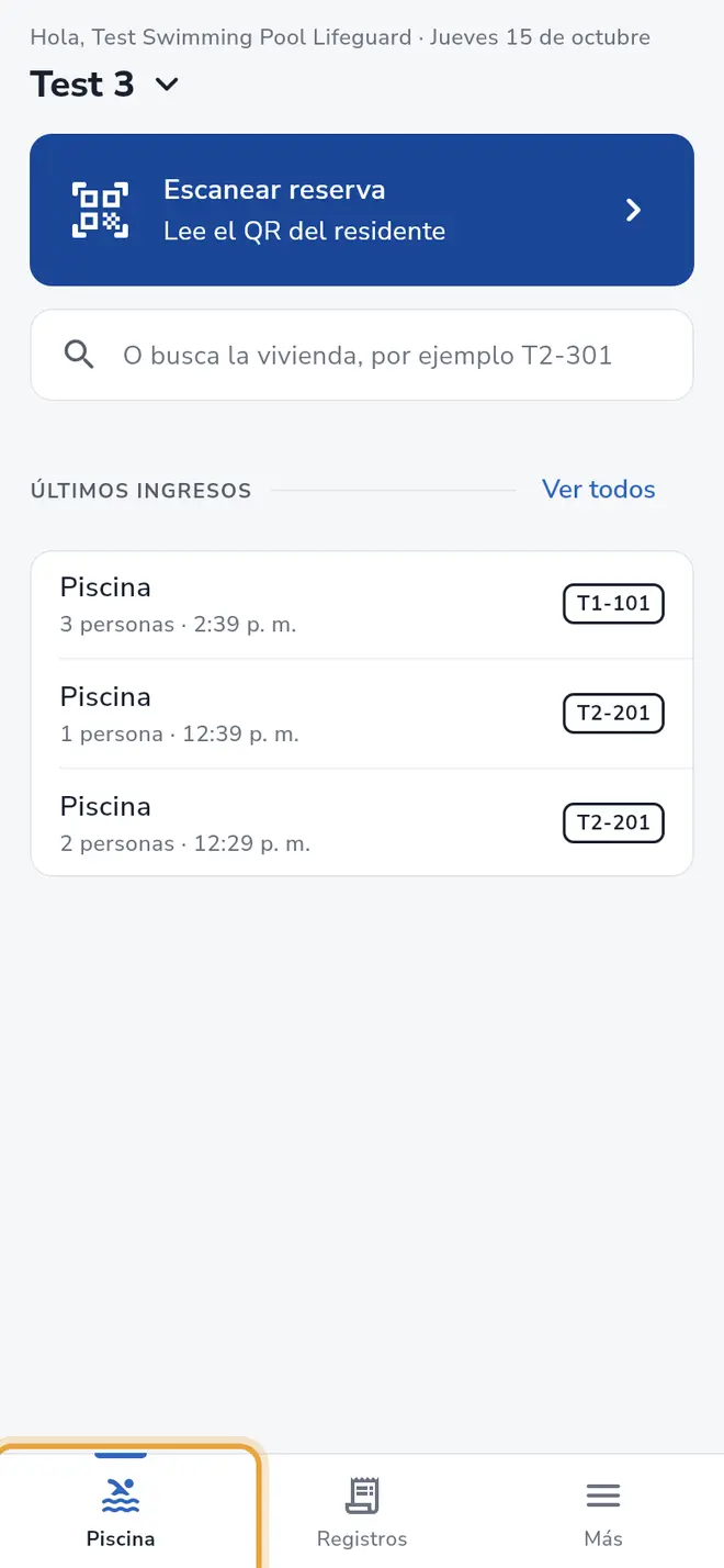 Pestaña Piscina: la pestaña Piscina de la barra inferior está señalada