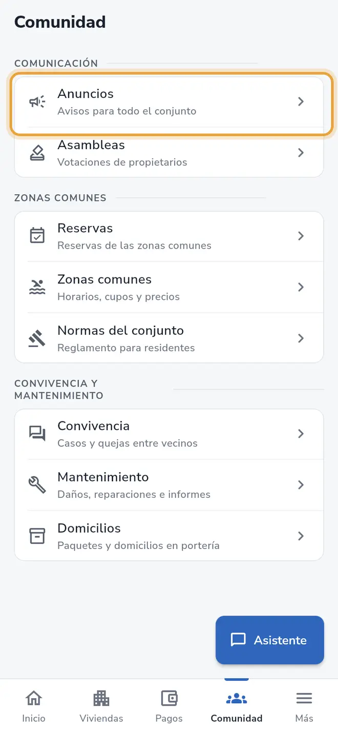 Pestaña Comunidad: la fila Anuncios está señalada