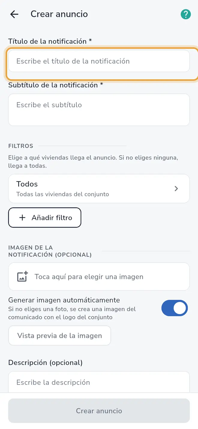 Formulario Crear anuncio: el campo Título de la notificación está señalado