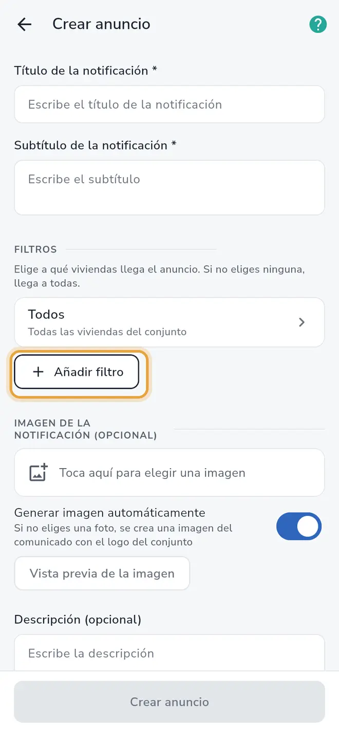 Formulario Crear anuncio: el botón Añadir filtro está señalado en la sección Filtros