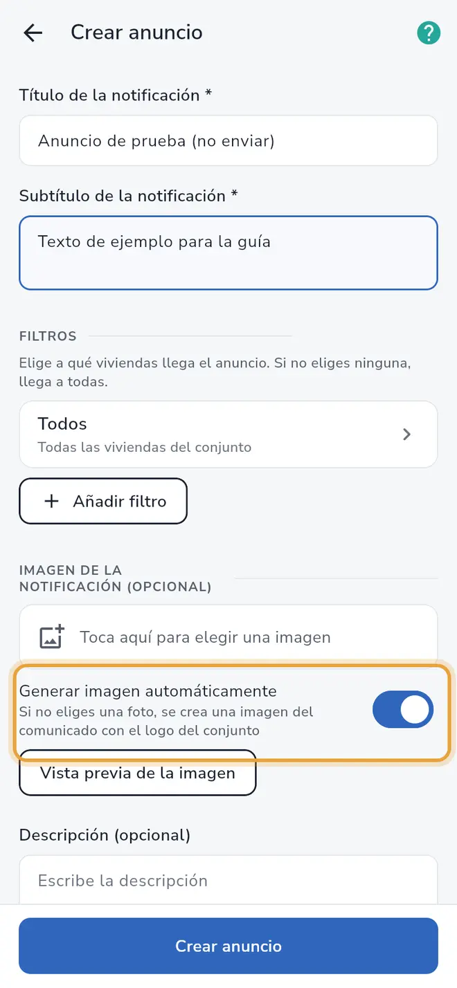 Formulario Crear anuncio: el interruptor Generar imagen automáticamente está señalado