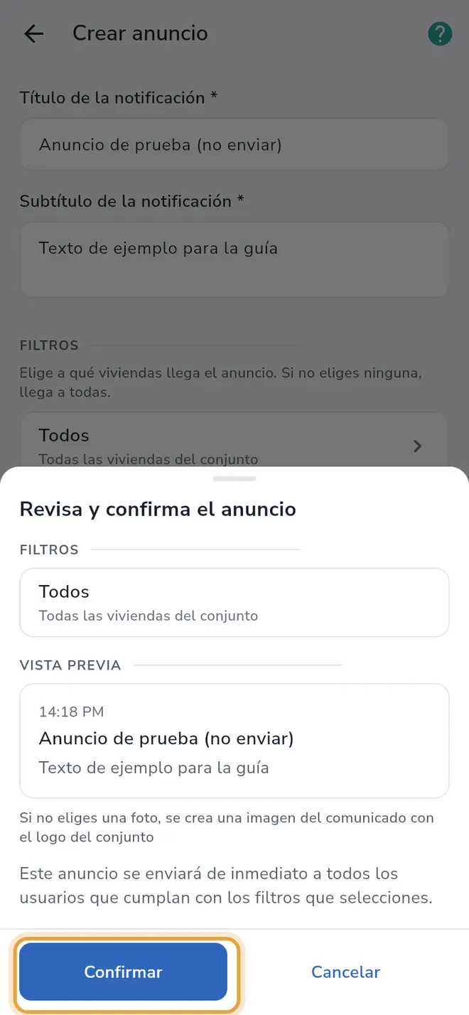 Hoja Revisa y confirma el anuncio: el botón Confirmar está señalado