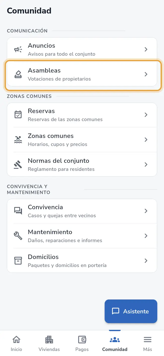 Pestaña Comunidad: la fila Asambleas está señalada