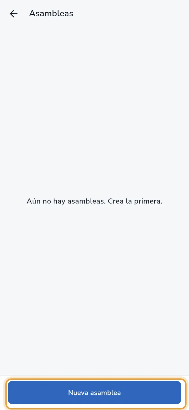 Pantalla Asambleas: el botón Nueva asamblea está señalado