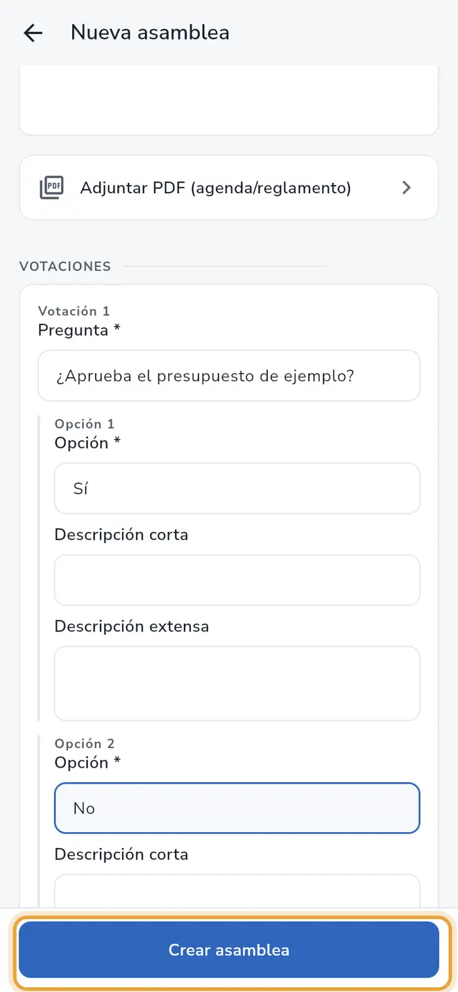 Formulario Nueva asamblea completo: el botón Crear asamblea está señalado