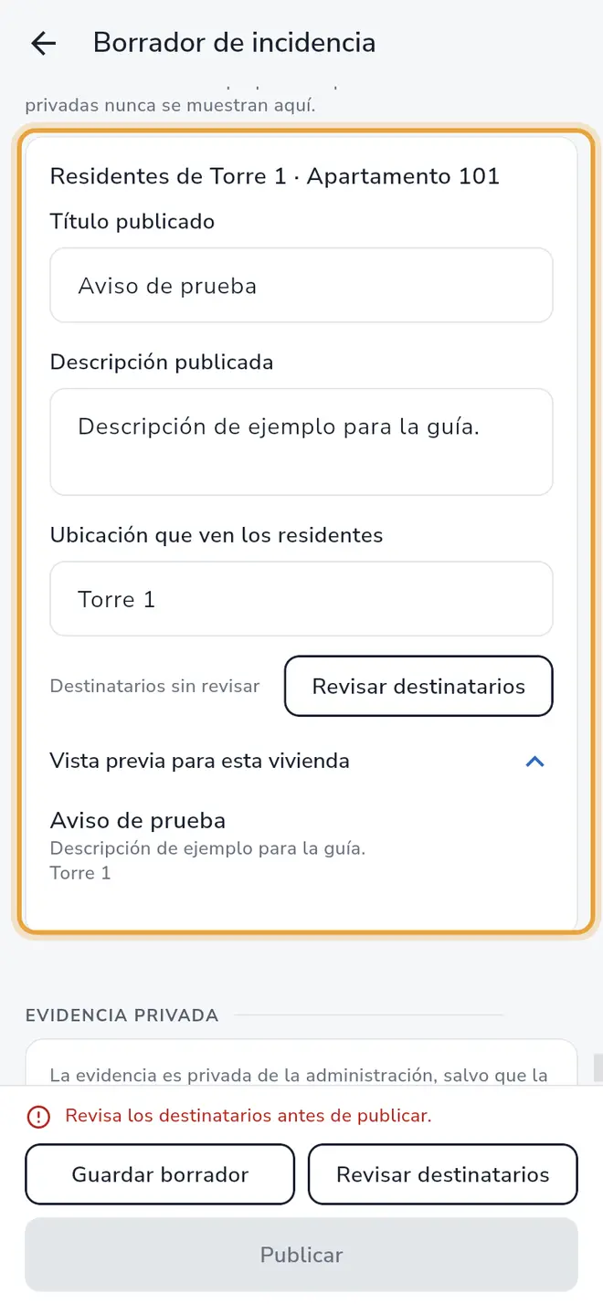 Borrador de incidencia: la tarjeta Aviso para cada vivienda con título, descripción y vista previa