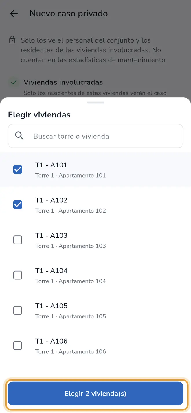 Hoja Elegir viviendas con dos viviendas marcadas: el botón Elegir 2 vivienda(s) está señalado