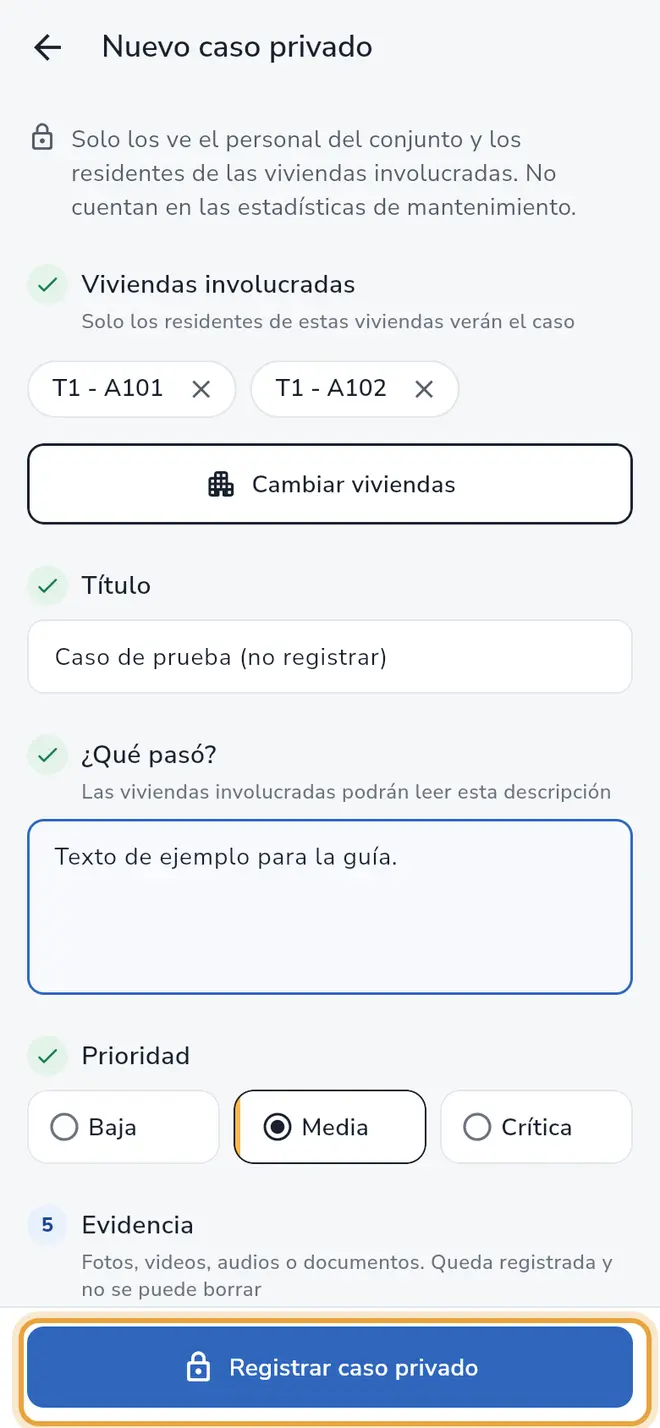 Formulario Nuevo caso privado completo: el botón Registrar caso privado está señalado