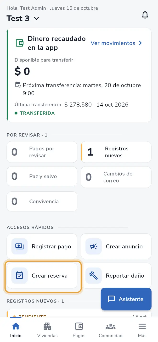 Pantalla Inicio: el acceso rápido Crear reserva está señalado