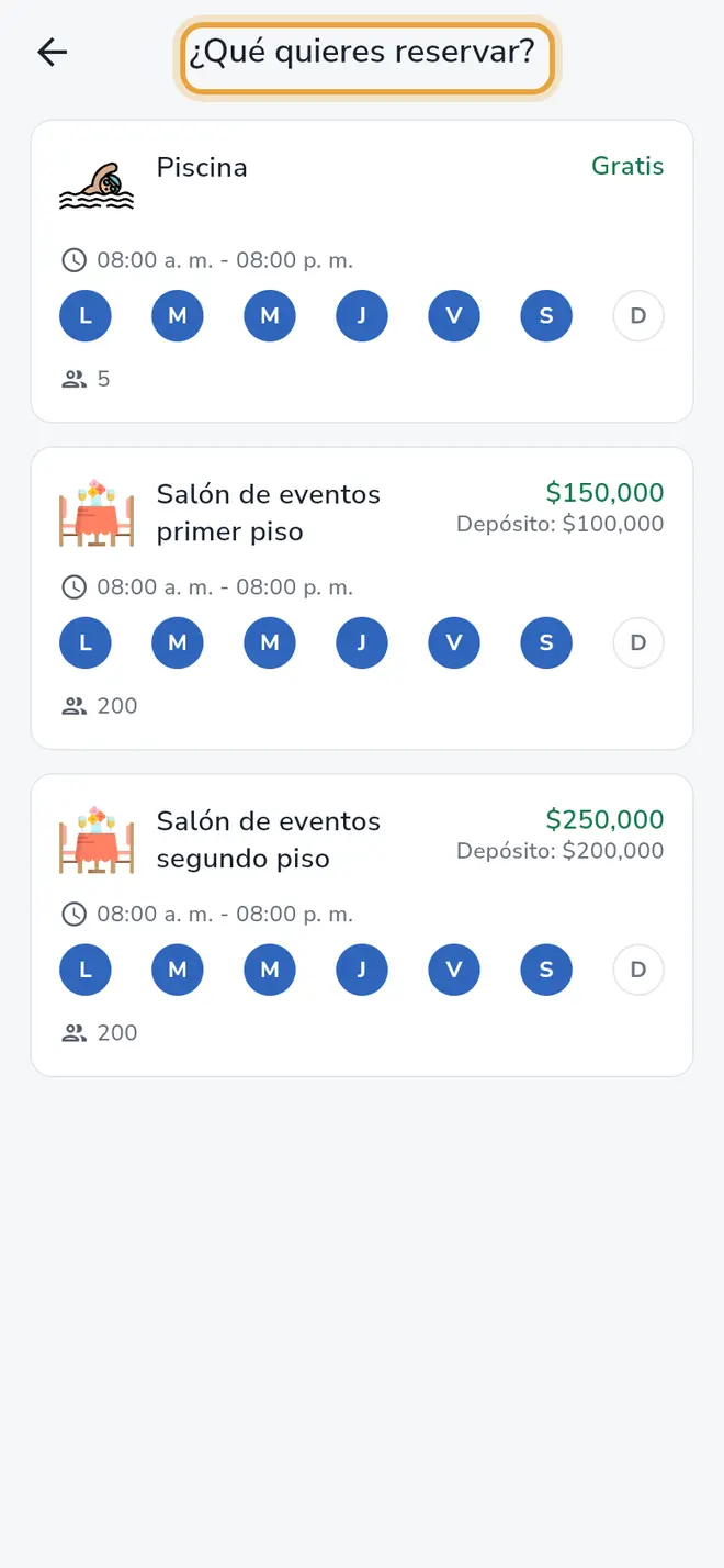 Pantalla ¿Qué quieres reservar?: lista de zonas comunes con sus precios
