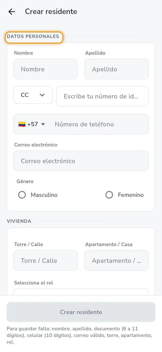 Pantalla Crear residente: la sección Datos personales está señalada