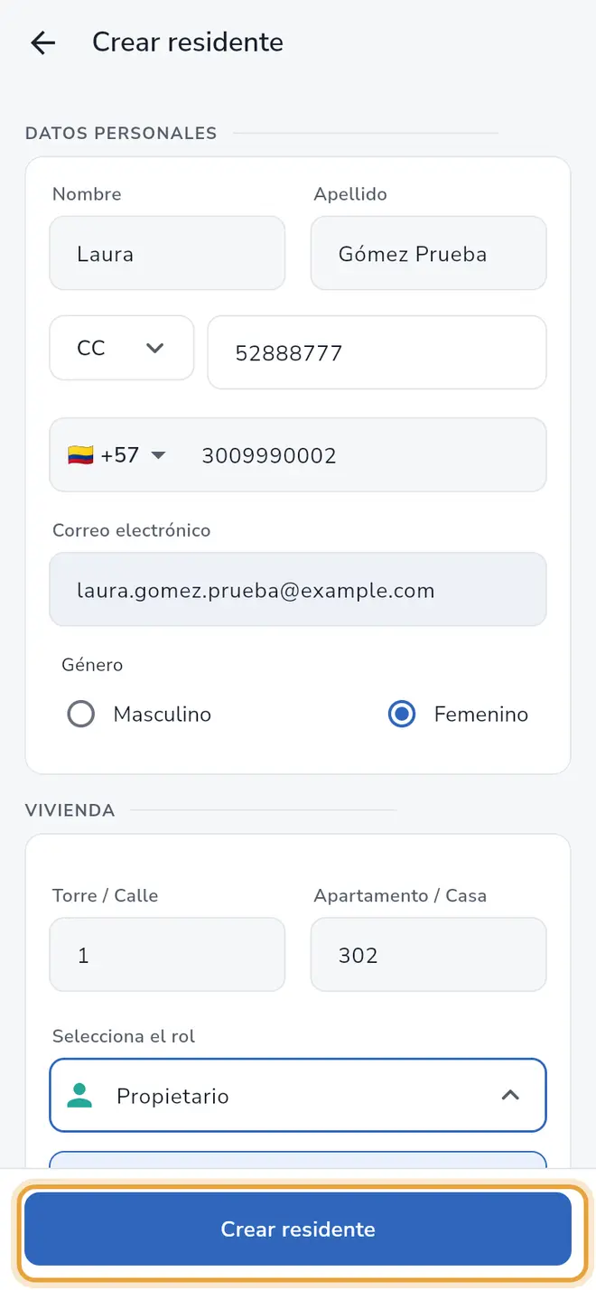 Pantalla Crear residente: el botón Crear residente está activo y señalado