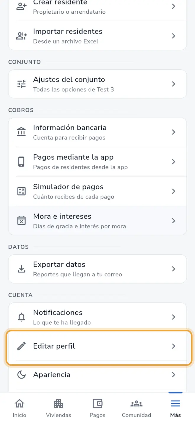 Pestaña Más: la fila Editar perfil está señalada