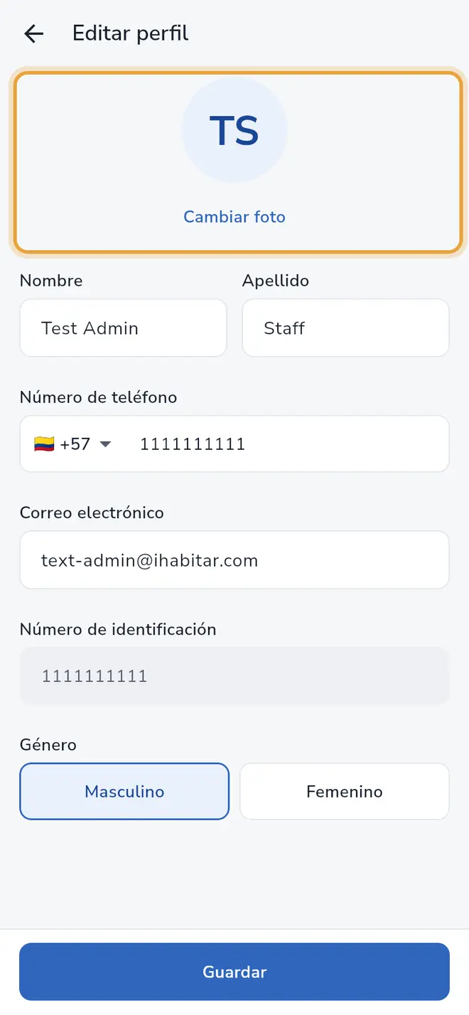 Pantalla Editar perfil: el enlace Cambiar foto está señalado