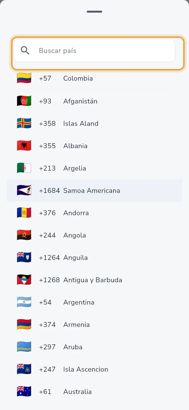 Selector de país con el campo Buscar país y la lista de indicativos
