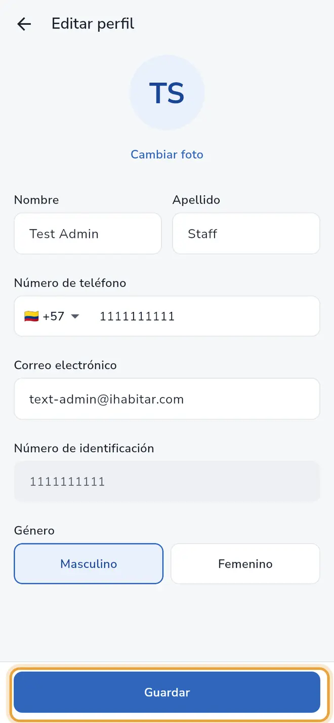Pantalla Editar perfil: el botón Guardar está señalado