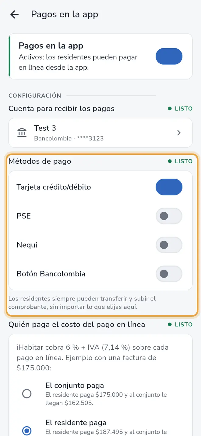 Pantalla Pagos en la app: la sección Métodos de pago está señalada