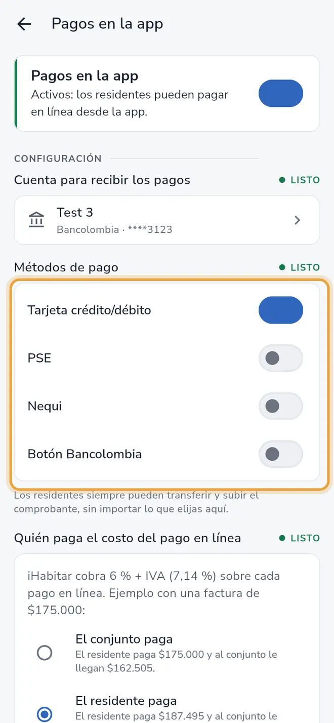 Pantalla Pagos en la app: los interruptores de Tarjeta, PSE, Nequi y Botón Bancolombia están señalados