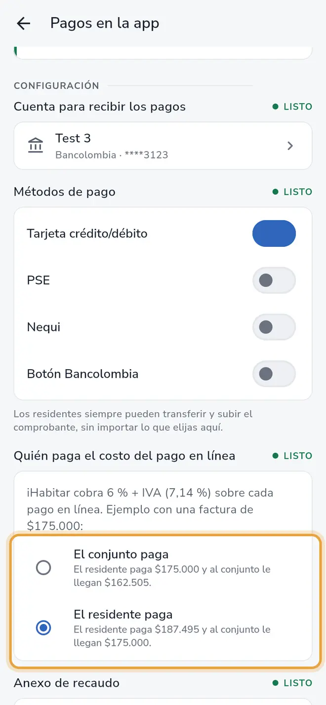 Pantalla Pagos en la app: las opciones El conjunto paga y El residente paga están señaladas, con su ejemplo debajo