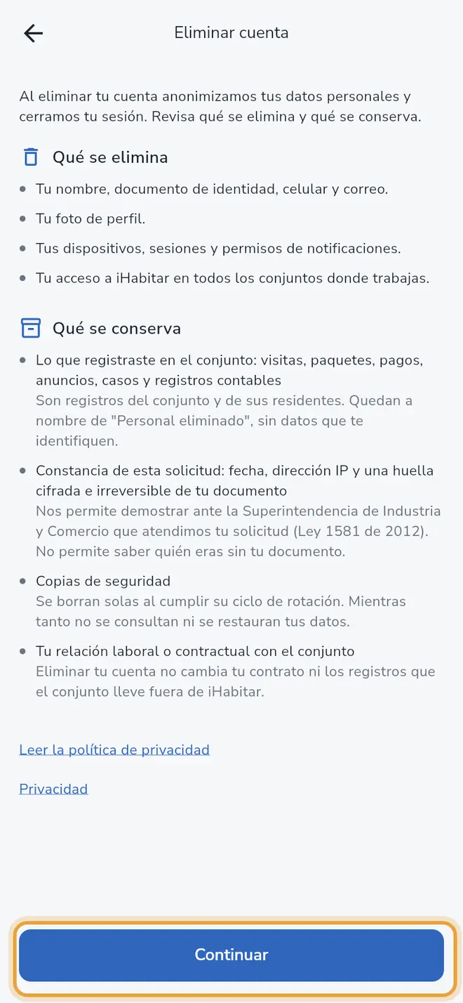Pantalla Eliminar cuenta: el botón Continuar está señalado