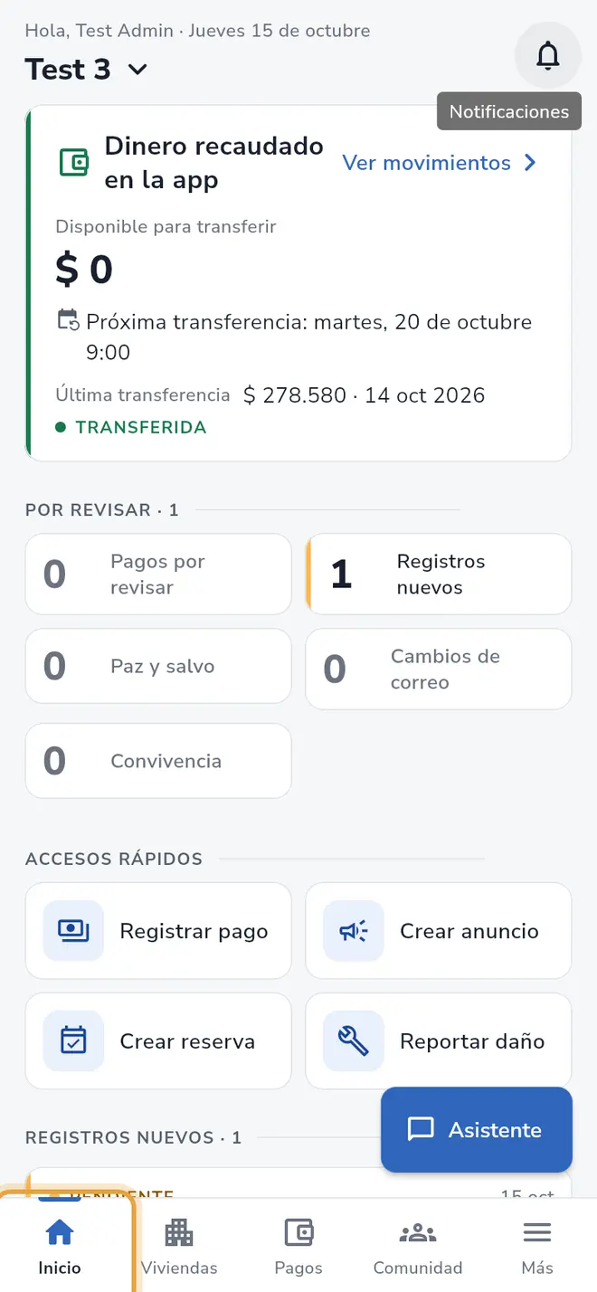Inicio de administración: la pestaña Inicio está señalada