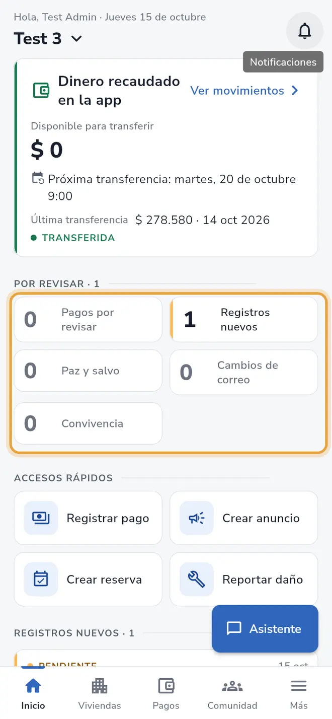 Inicio de administración: los recuadros de Por revisar están señalados