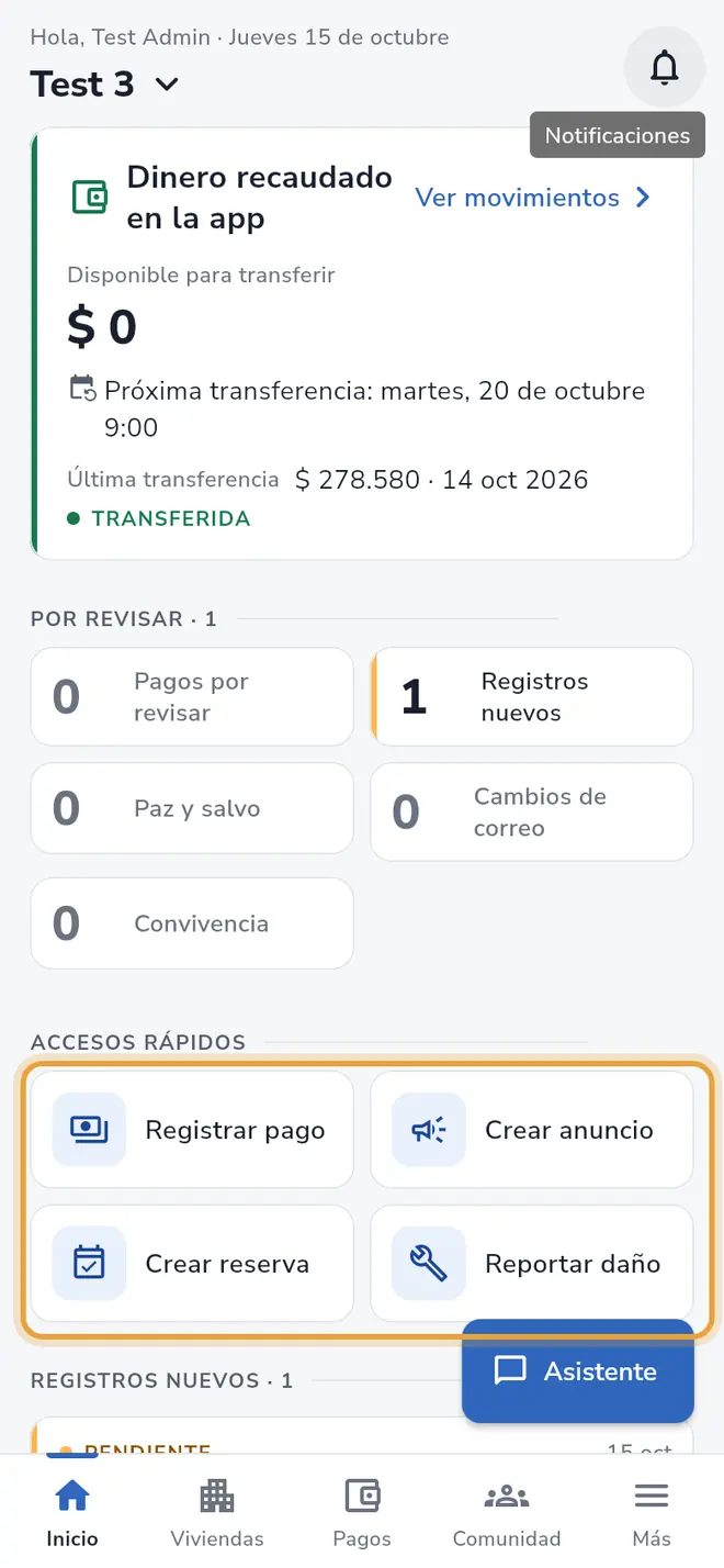 Inicio de administración: los cuatro botones de Accesos rápidos están señalados