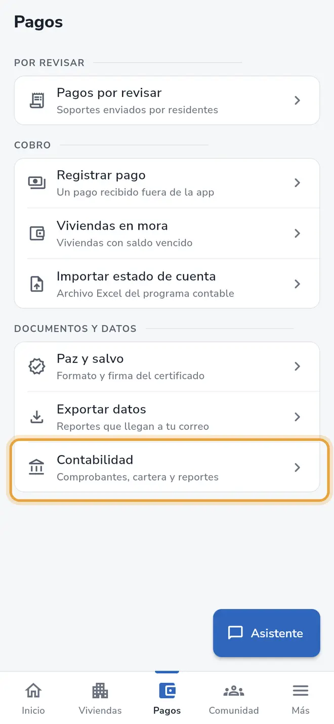 Pestaña Pagos: la opción Contabilidad está señalada