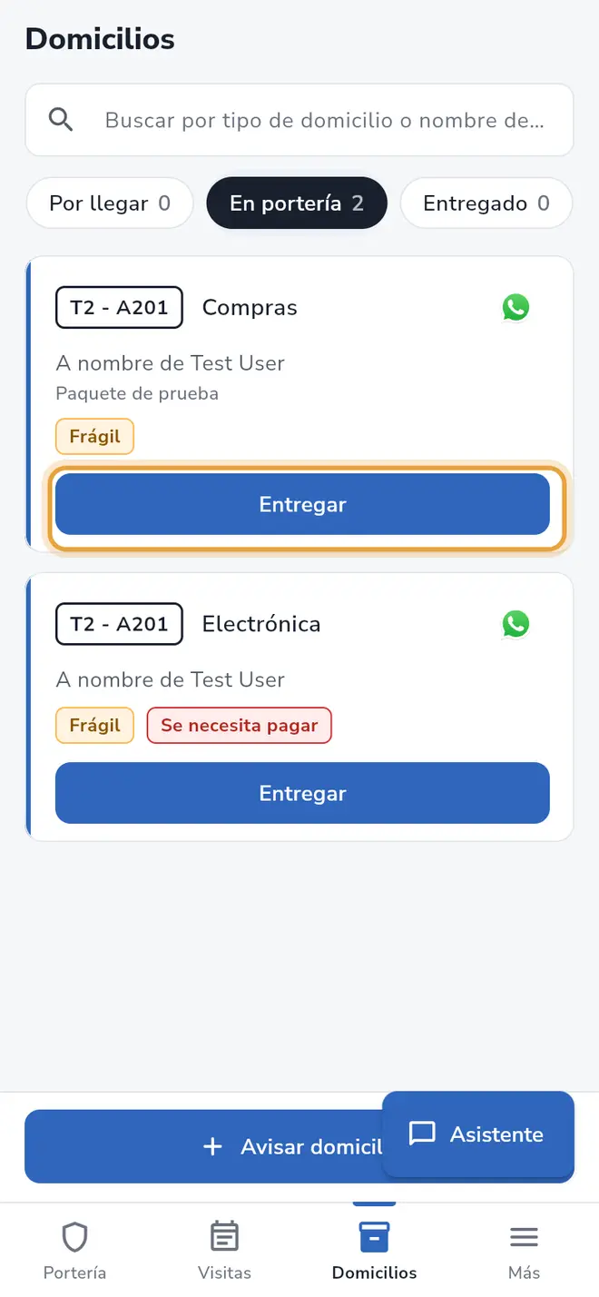 Etapa En portería: el botón Entregar de un domicilio está señalado