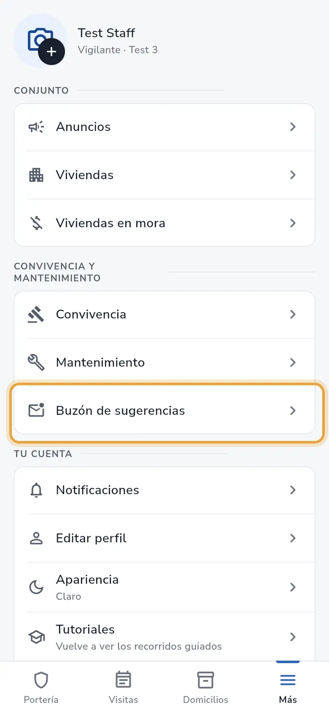 Pestaña Más de Portería: la fila Buzón de sugerencias está señalada