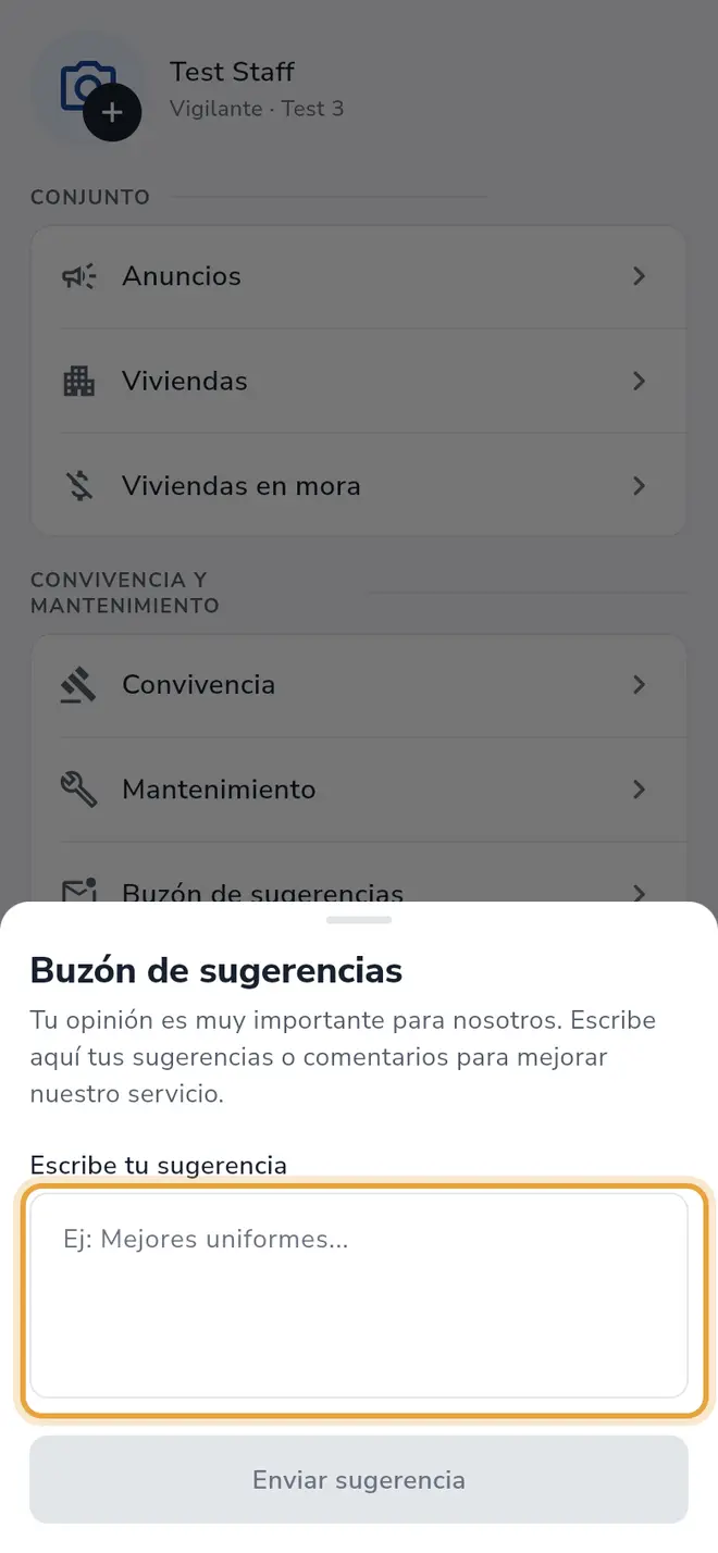 Hoja Buzón de sugerencias: el campo Escribe tu sugerencia está señalado y el botón Enviar sugerencia sigue apagado