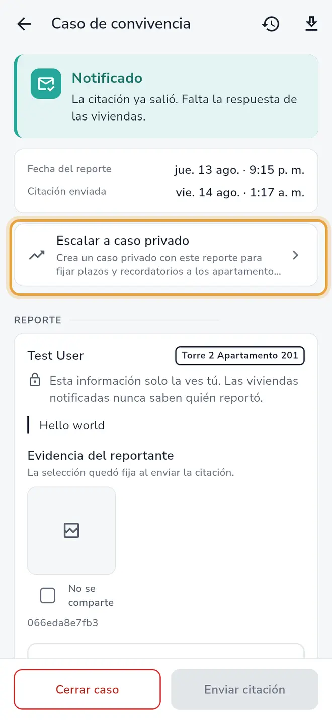 Caso de convivencia: la fila Escalar a caso privado está señalada