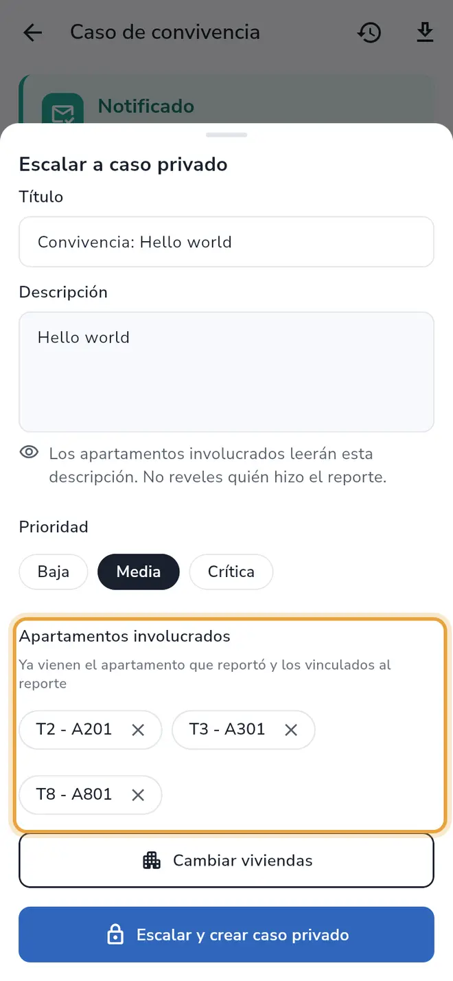 Hoja Escalar a caso privado: la sección Apartamentos involucrados está señalada