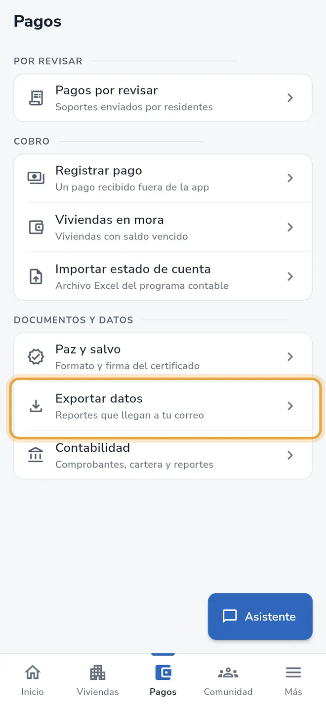 Pestaña Pagos: la opción Exportar datos está señalada