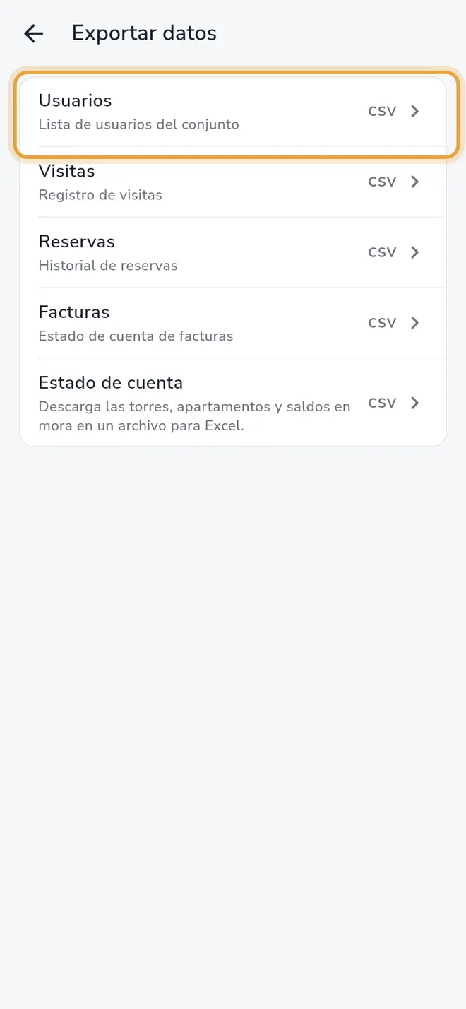 Pantalla Exportar datos: la lista de reportes, con Usuarios, Visitas, Reservas, Facturas y Estado de cuenta