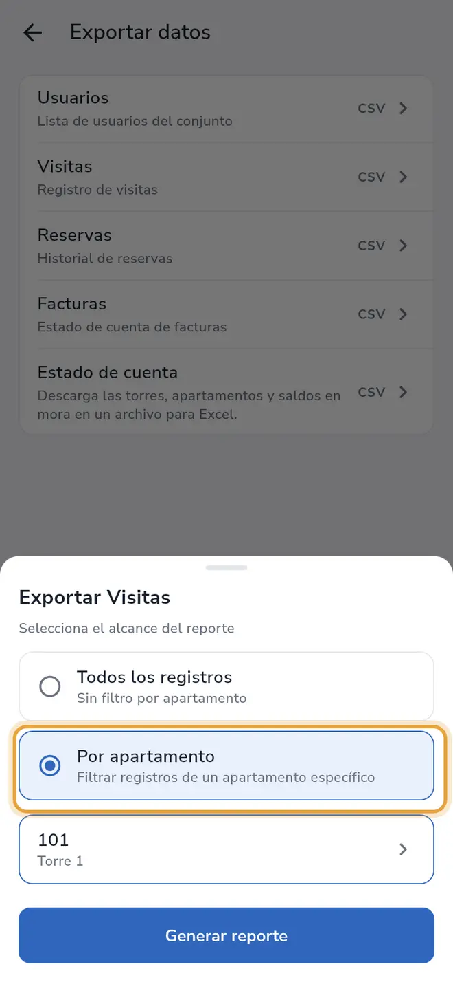 Hoja Exportar Visitas: la opción Por apartamento está elegida y señalada, con un apartamento seleccionado